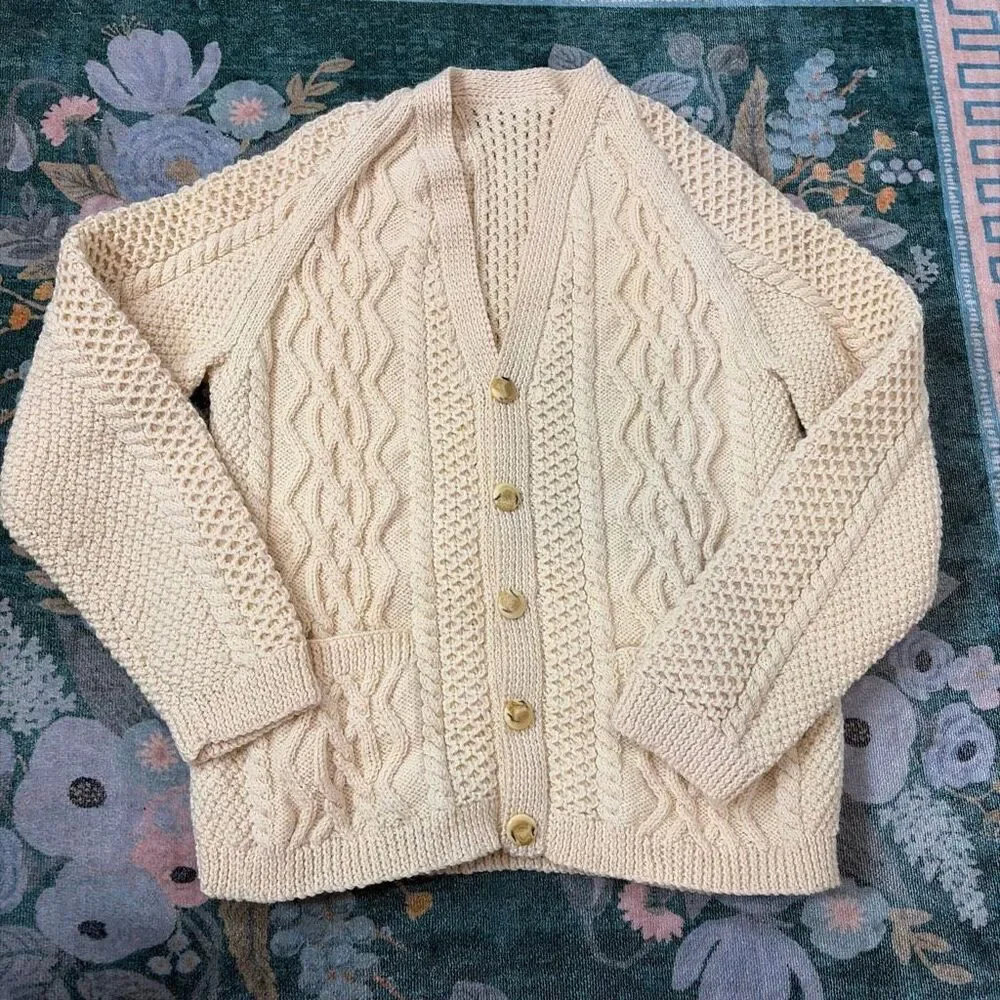 Vintage Handmade Wool Sweater Womens Large Cream Cable Knit Cardigan V-Neck